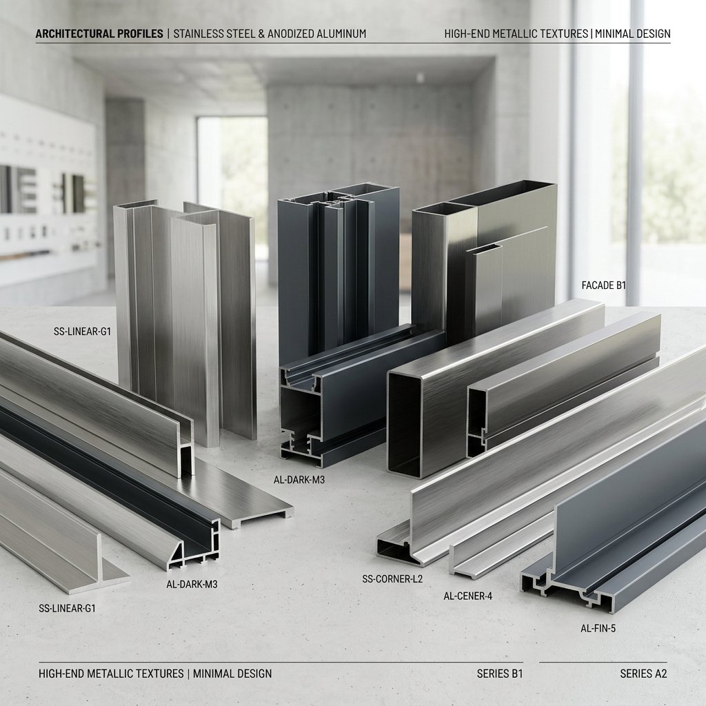 Brushed stainless steel and aluminium profiles