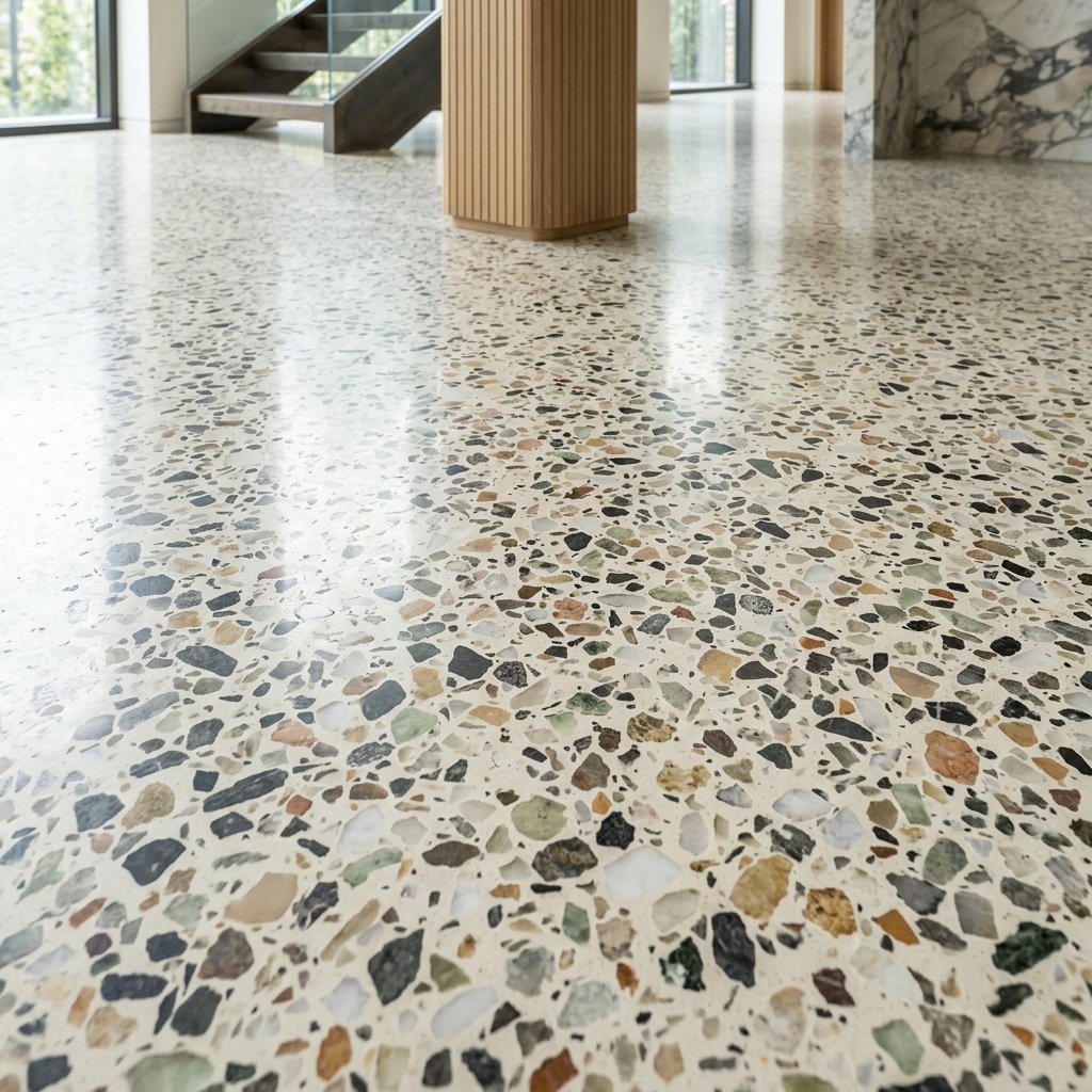 Terrazzo flooring with marble and quartz chips
